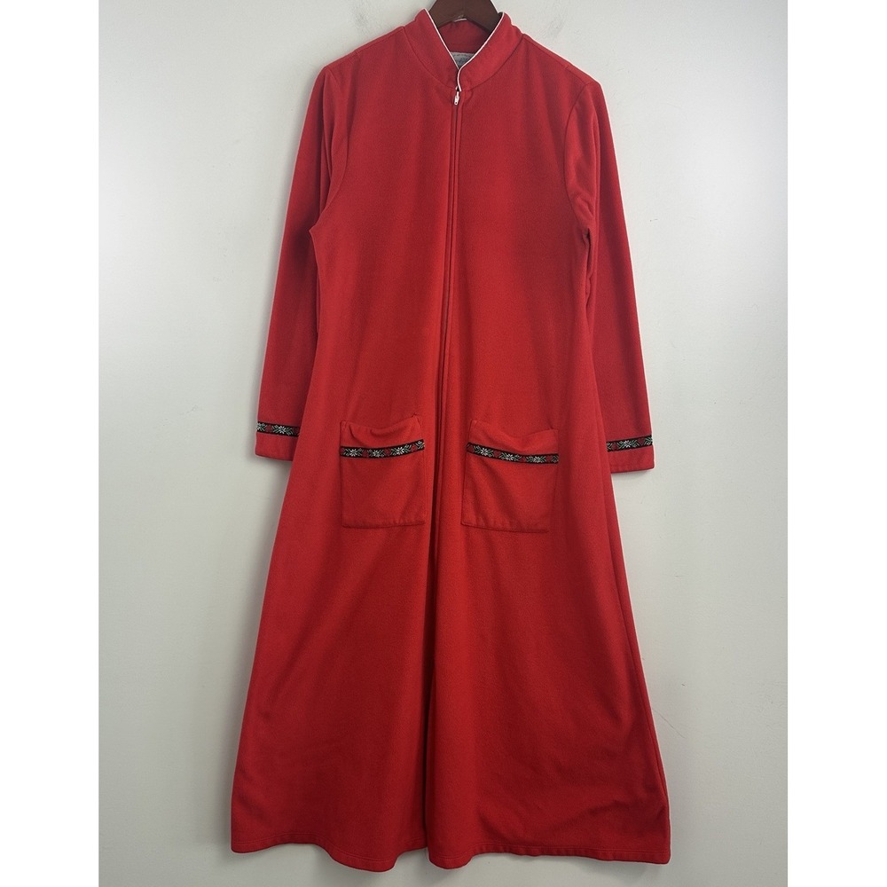 VTG Lanz of Salzburg Robe Housecoat Med Full Zip Lounger Red Embroidered Cottage